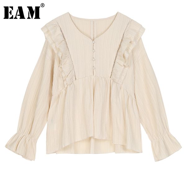 

eam] women ruffles stitch temperament blouse new v-collar long sleeve loose fit shirt fashion tide spring autumn 2020 1s142, White