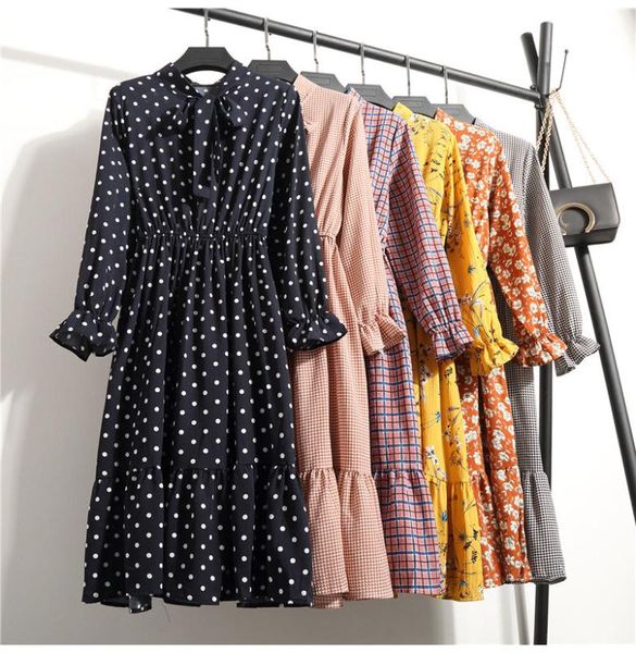 

women casual autumn dress lady korean style vintage floral printed chiffon shirt dress winter long sleeve bow midi vestido, Black;gray