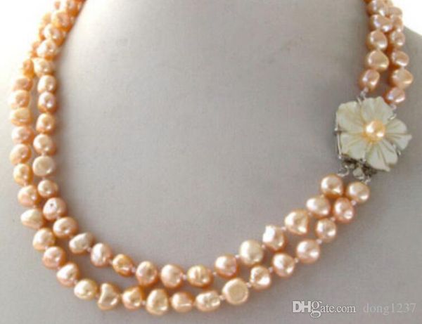 

double pink nugget baroque freshwater pearl necklace shell flower clasp, Silver