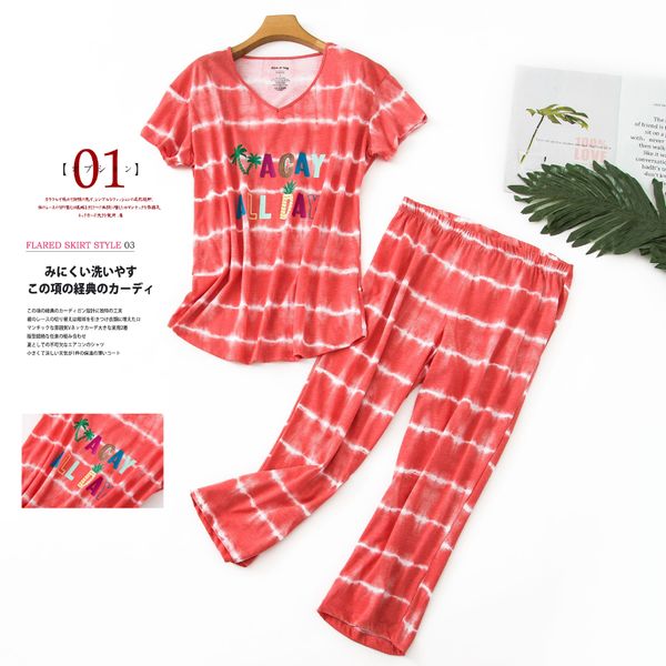 

summer cropped trousers pajama sets women plus size 100kg cute short sleeve cozy casual sleepwear pyjamas for women, Black;red