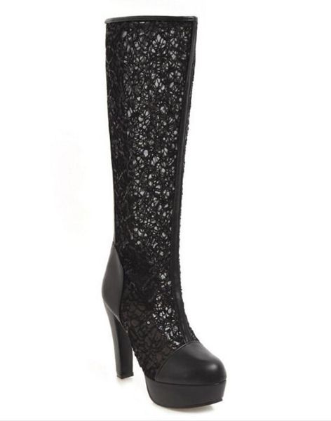 

ladies chaussure women chunky high heel shoes woman zapatos mujer sapato feminino platform pumps knee high boots zip xz180017, Black