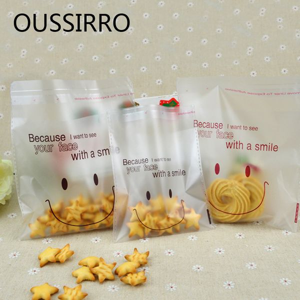 

50pcs frosted smile face bag biscuit candy self-adhesive bag diy baking package packaging bags festival party 14cm*14cm