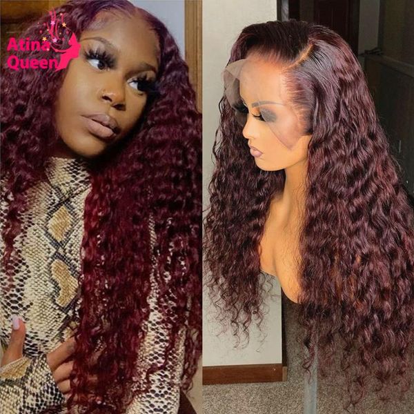 

13x6 water wave lace front wig pre plucked with baby hair remy women bleached knots black 1b 99j burgundy ombre human hair wig, Black;brown