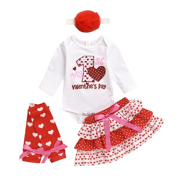 

4pcs valentine's day clothes set newborn baby girl long sleeve white romper tutu skirt cotton outfit set, Pink;blue