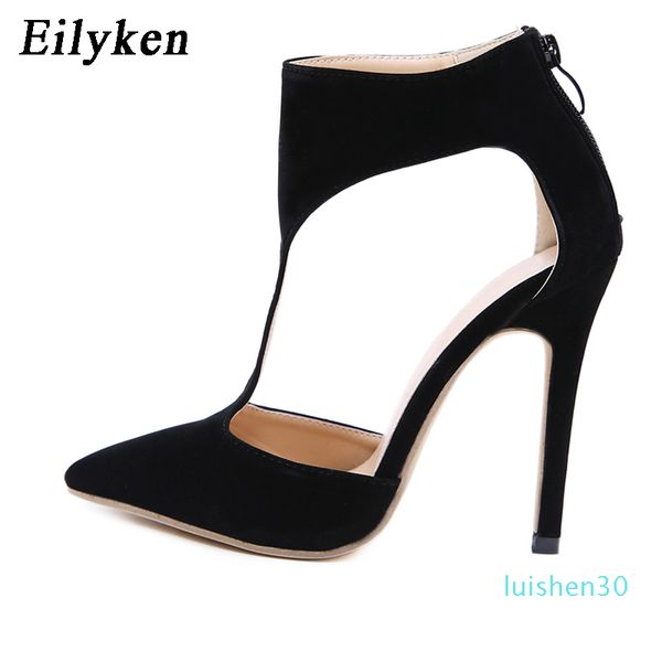 

eilyken 2020 spring autumn new women shoes fashion flock vintage pointed toe hollow female zip thin high heels party dance pumps l30, Black