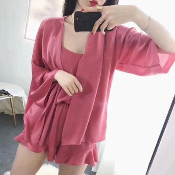 

women 4pcs/set summer v-neck satin pajamas vest short panties nightwear set js25, Black;red