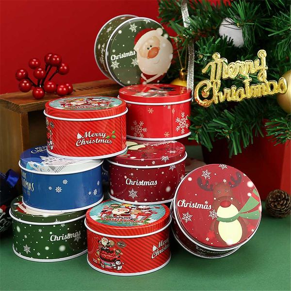 Metal Christmas Candy Case Tins Round Kids Gift Box Decorative Jar Containers Festival Christmas Tree Hanging Ornaments House Christmas Decoration