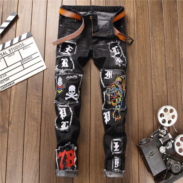 

Mens Skull Tiger Embroidery Pattern Jeans Hommes Slim Biker Jeans Straight Pencil Pants Ripped Streetwear Jeans Mens Long Pants