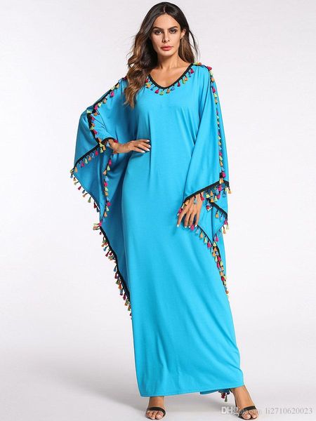 

europe middle east muslim dresses women fashion v-neck long bat sleeve casual loose tassels long dress ramadan eid robe abaya gown, White;black