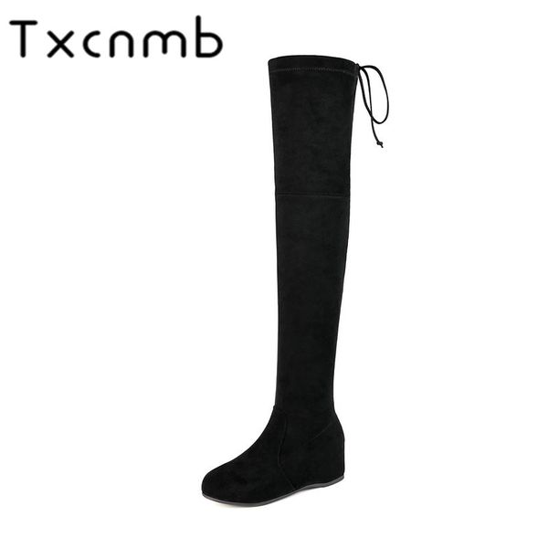

txcnmb 2019 boots women over the knee boots for women winter flock leather high heel shoes woman round toe, Black