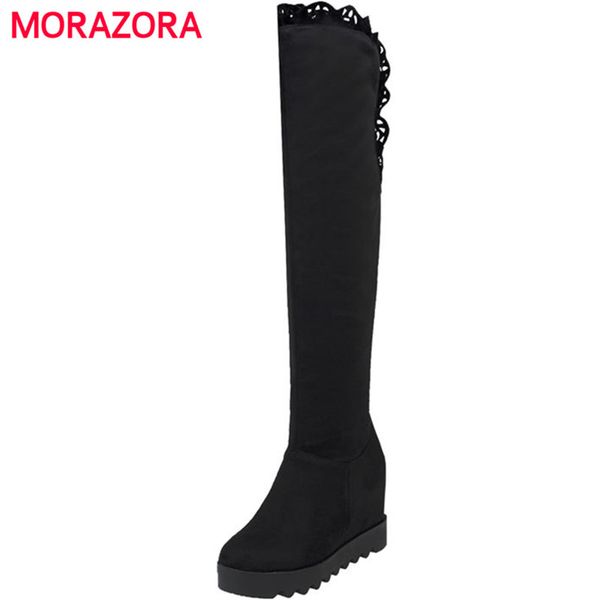 

morazora 2018 new fashion slip on knee high boots autumn winter short plush women boots round toe super high heel platform, Black