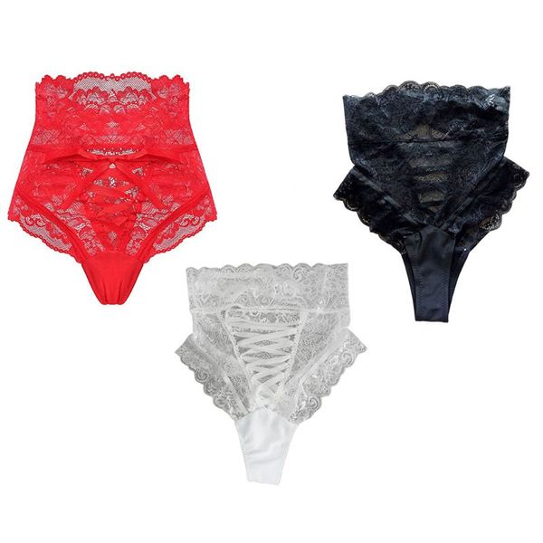 

women lingerie underwear high waist floral lace criss cross bandage briefs, Black;pink