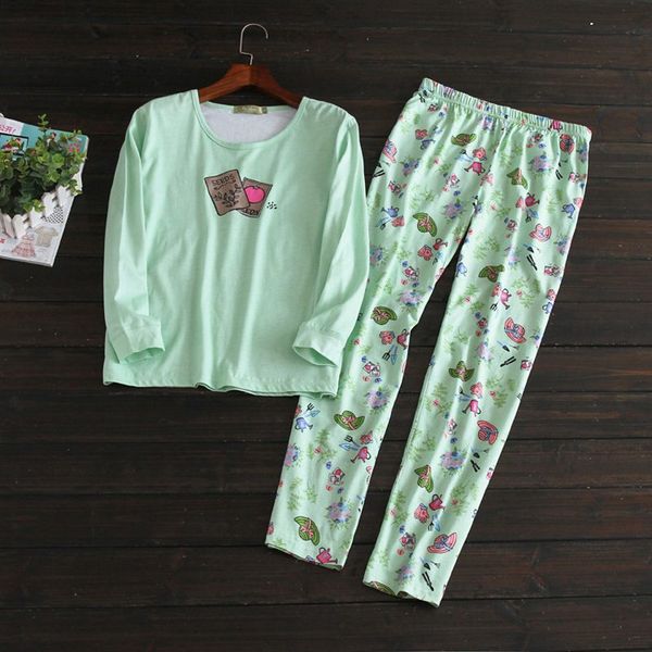 

2019 spring female casual cartoon pajama sets ladies 100% cotton sleepwear suit women long sleeve o-neck collar t shirt & pants, Blue;gray