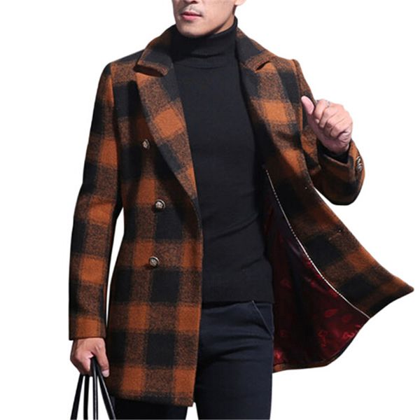 

2019 autumn winter fit fashion orange plaid woolen coat double breasted plaid wool coat men long length casual style slim, Black