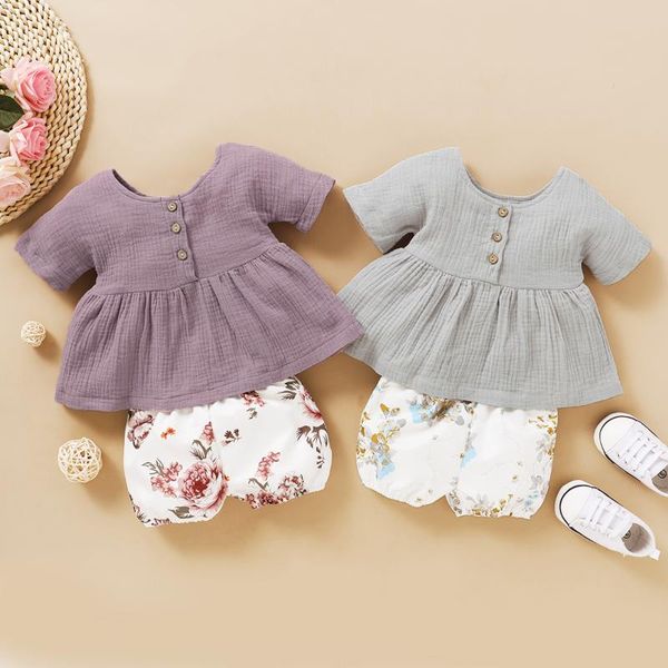 

newly summer infant baby girl cotton linen outfit set fashion newborn little button shorts dropship, White
