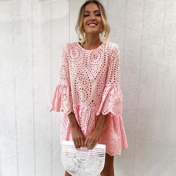 

2020 summer openwork mini dress bohemian women's dresses 5 colors button lace round neck 3/4 sleeves ruffled dress women, Black;gray