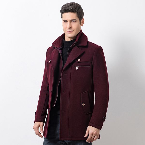 

2020 winter wool trench coat men slim fit thick warm cotton padded parkas overcoat long jacket mens black gray burgundy khaki, Tan;black