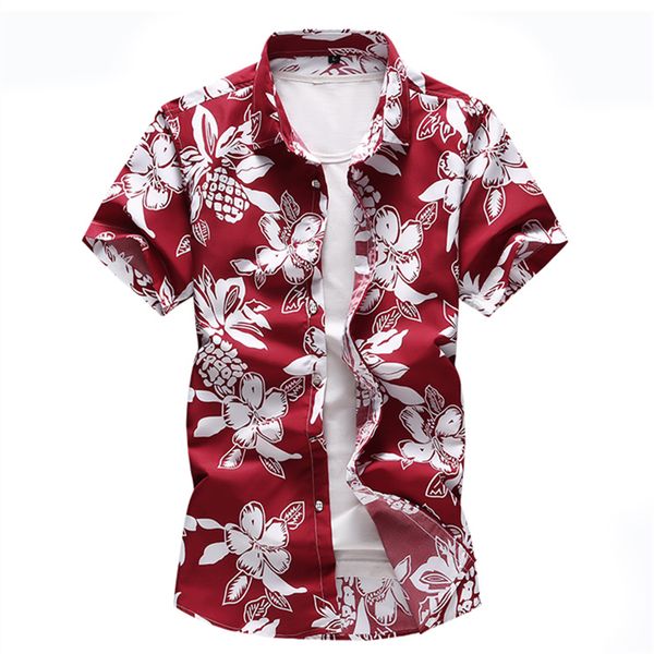 

men floral printed slim short sleeve shirts summer hawaiian vacation party casual red blue black shirt camisa masculina 6xl 7xl, White;black