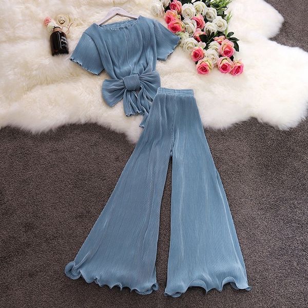 

gaganight 2019 casual 2 piece set women two pieces set short sleeve chiffon blouse flare ruffle wide leg pants suit thin outfits, White