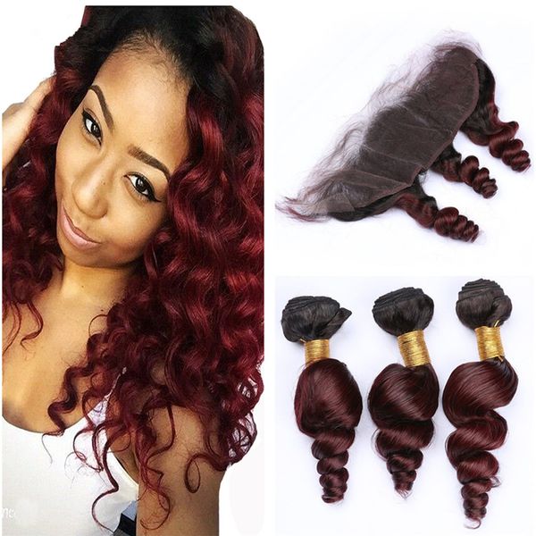 Two Tone 1b 99j Hair Bundles With Frontal Dark Root Burgundy Loose