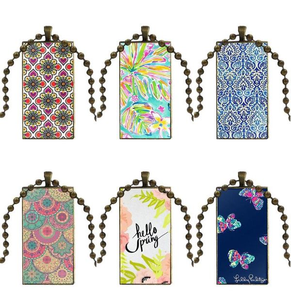 

spring mandala color combinations for men women bronze color glass cabochon with rectangle shaped pendant choker necklace, Silver