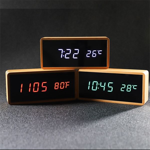 

wooden alarm clock rectangle temperature electronic clock digital led desk bamboo alarm watch snooze function home decor