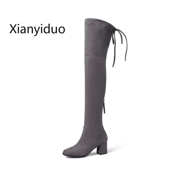 

xianyiduo shoes women's micro stretch shaft thigh-high stretch suede boots gray zipper high heel over the knee plus size34-43, Black