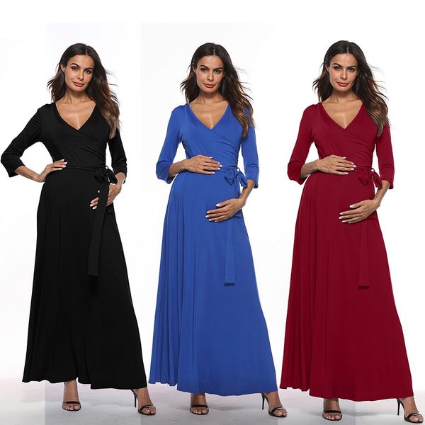 

women's pregnancy v collar high waist dress maternity waist belt long dress, White