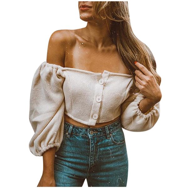 

fashion women's off shoulder button half sleeve summer casual solid color fashion women summer solid color g3, White