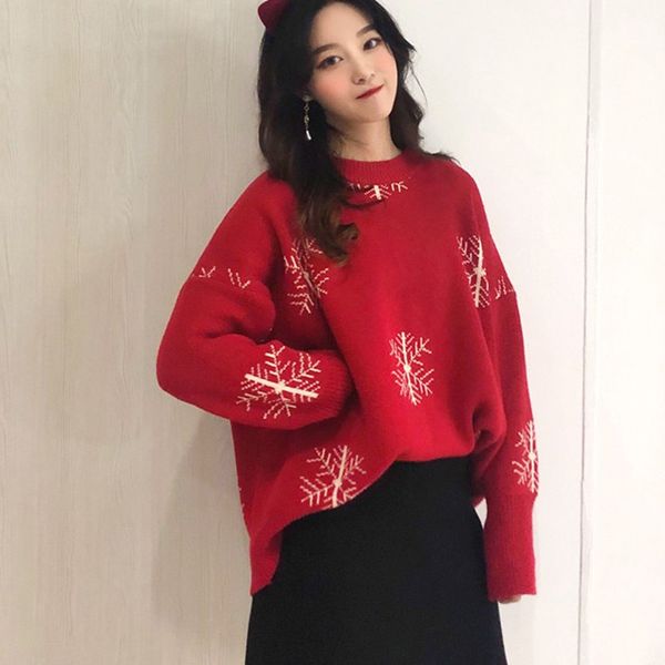 

fashion sweet red christmas sweater snowflake bow ptint knit pullover loose casual thick for women, White;black