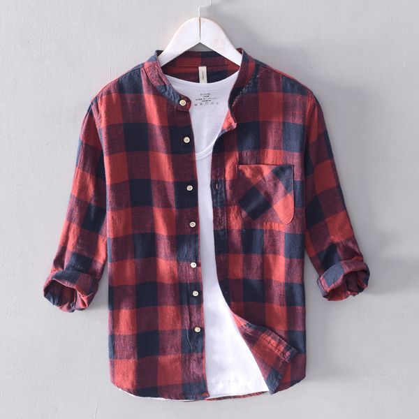 

2019 three quarter sleeve linen plaid shirt men brand summer casual shirts men fashion stand collar shirt for camisa chemise, White;black