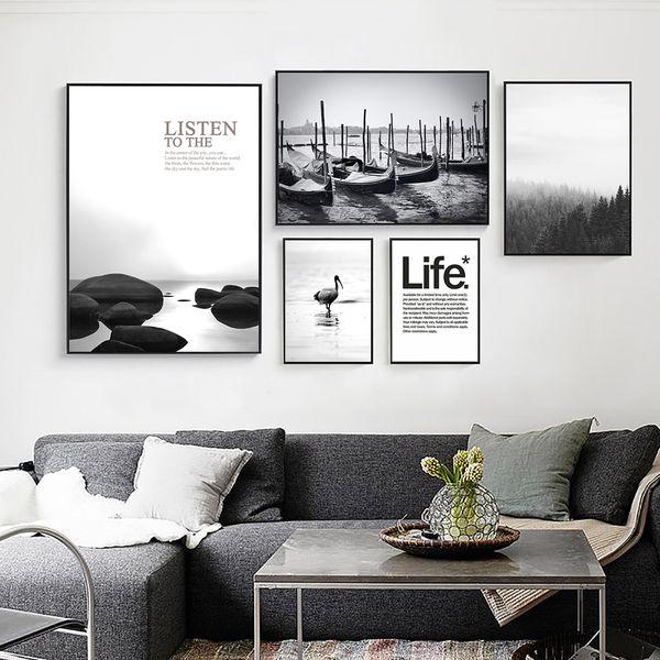 

nordic style boat pier landscape poster life quotes canvas painting black and white print wall pictures for living room decor