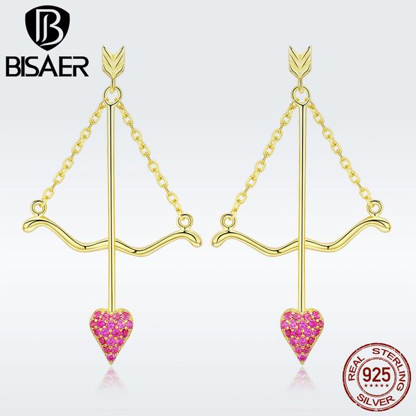 

bisaer roamntic 925 sterling silver love gold bow & pink sword cz drop earrings jewelry making gifts for women gae023