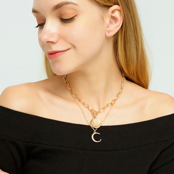 

gereit 2019 gold silver link chain necklace fashion jewelry shiny crescent star moon caved coin pendant necklace for women gifts