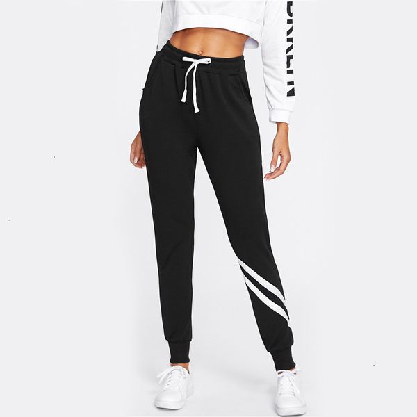 

women pants drawstring waist striped trim palazzo sweatpants black mid waist patchwork exercise long pants women casual pants, Black;white