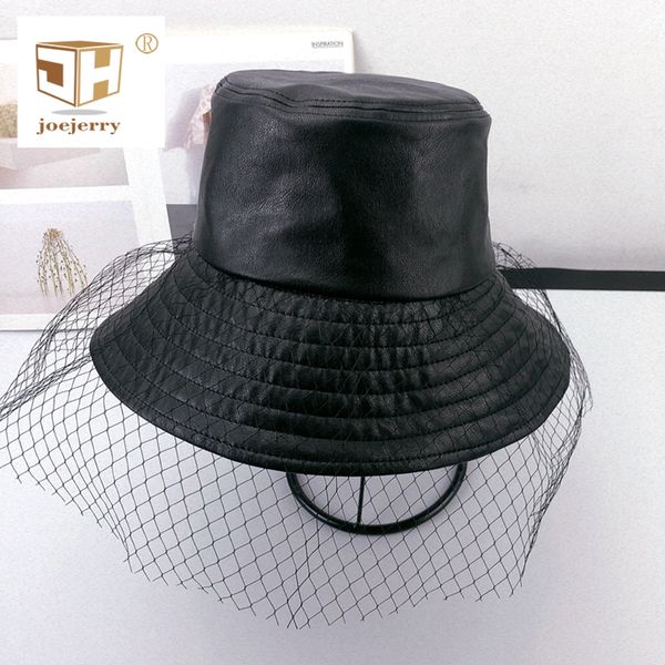 

leather bucket hat women black hat with veil wide brim fedora 2019new fashion, Blue;gray