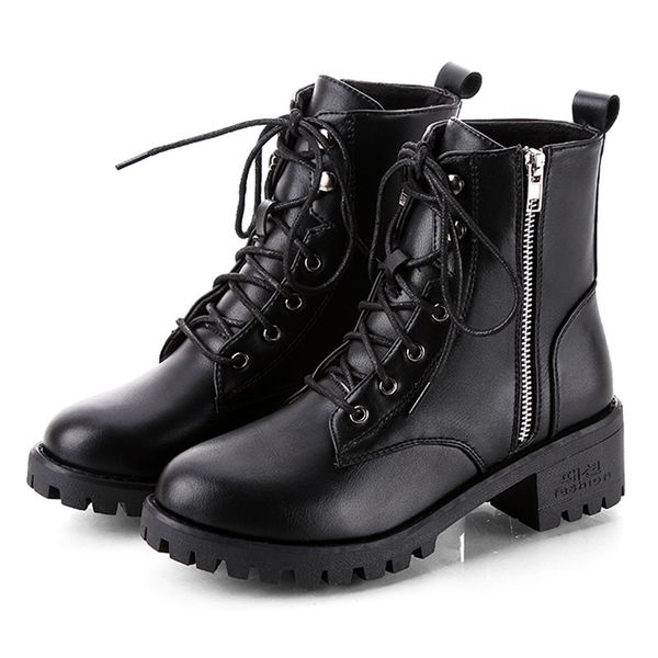 

sagace women black platform boots lace up leather mid boots for ladies vintage short cowboy motorcycle shoes mujer zapato