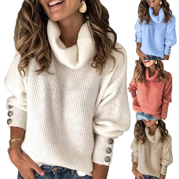 

casual women sweaters winter warm solid color turtle neck buttons cuff sweater for women pullover ladies sweaters streetwear, White;black