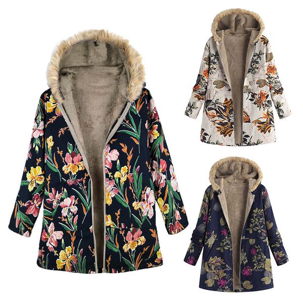 

2019 winter jacket women thick warm hooded parka mujer cotton jacket flowers printing female zipper long outwear sale, Black