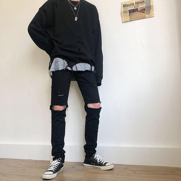 

autumn new jeans men slim fashion washed solid color casual denim pants man streetwear wild hip-hop hole jeans male clothes, Blue
