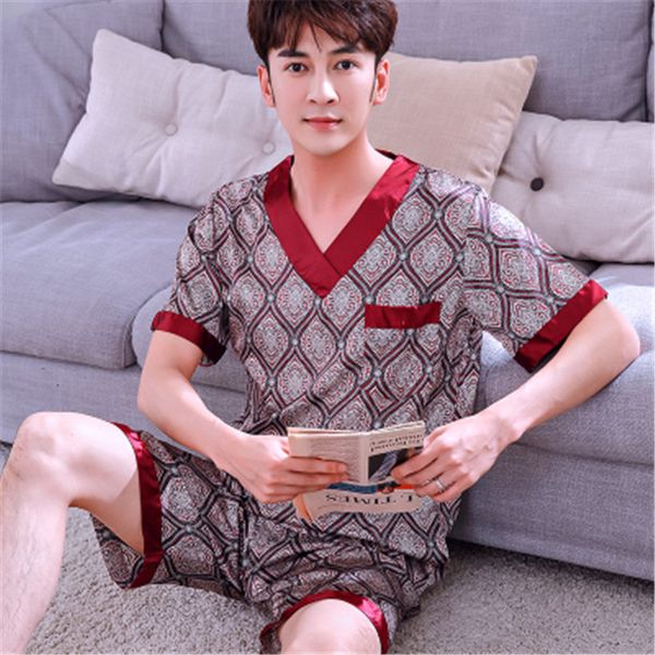 

mens satin silk pyjamas set sleepwear loungewear short sleeve t-shirt + shorts v-neck size l-3xl silk sleepwear plus modern, Black;brown