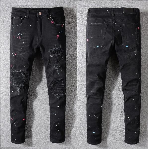 

men's stretch biker jeans fashion designer brand 2020 new skinny ripped paint distressed destroyed pencil jeans, Blue