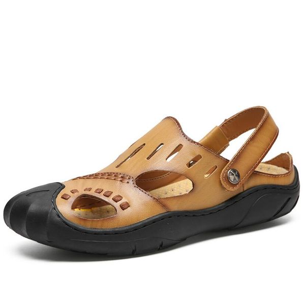 

men sandal shoes genuine leather casual flats beach shoes big size 38-44, Black