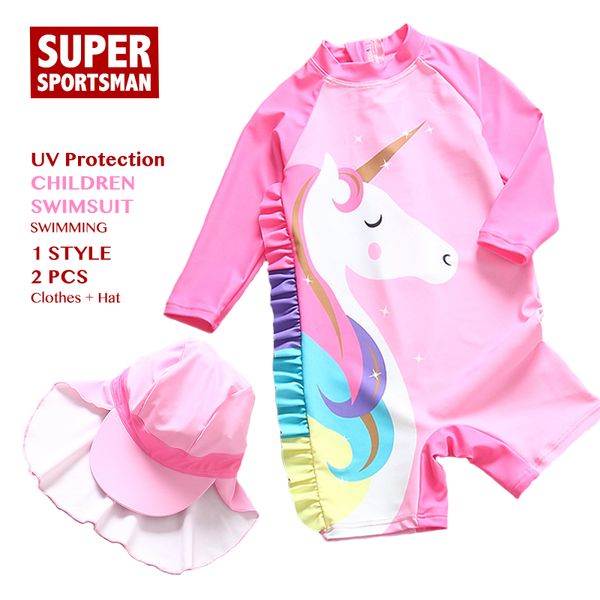 

girl unicorn one piece swimsuit children rainbow cartoon uv protection swimming hat surfing bathing suit kids swimwear rashguard