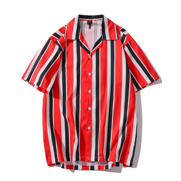 

#3892 mens vertical stripe shirt loose summer 2020 lapel collar casual men shirt short sleeve streetwear hip hop for men, White;black