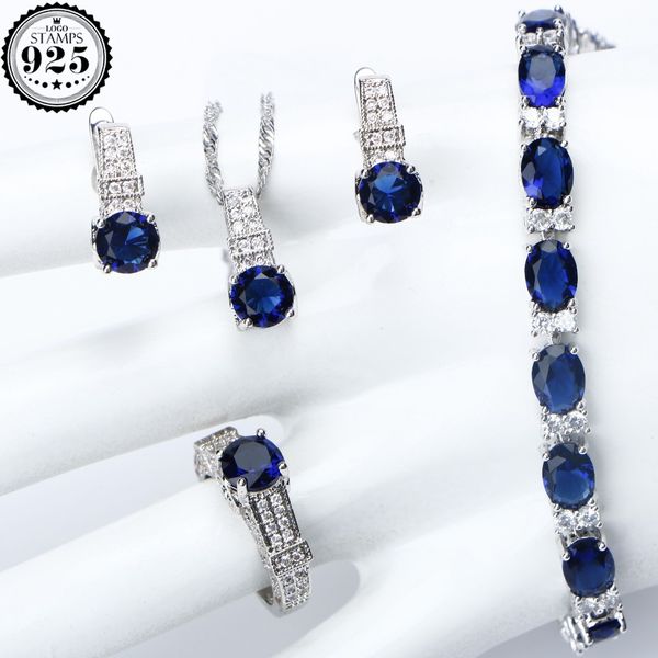 

new blue cz bridal costume jewelry sets for women wedding silver 925 jewelry bracelet earrings pendant necklace ring gift box, Slivery;golden