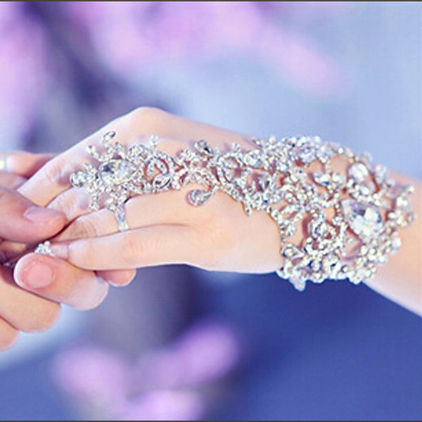 

new luxury crystal bridal glove wrist fingerless wedding jewelry bracelets for bride beaded mariage bride bracelets, Golden;silver