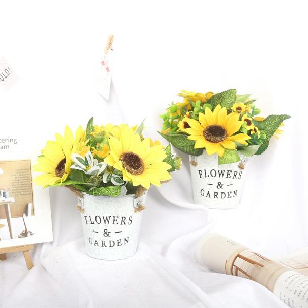 

sun flower retro iron craft rope bucket simulation bonsai plant set sunflower fake flower craft decor ornament contain pot