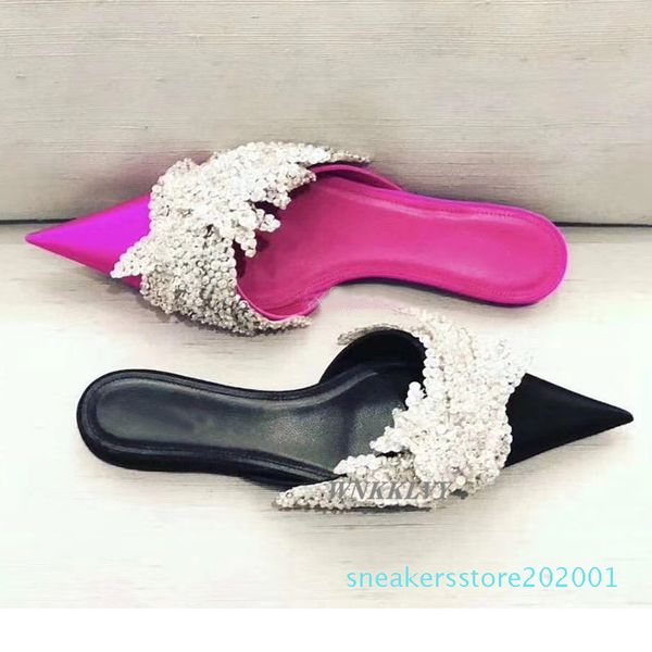 

women flat heel slippers summer shoes slik stain pointed toe bling bling sequins crystal leaf flipflops lazy mullers sandals, Black