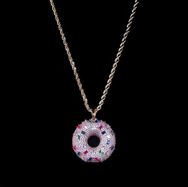 

14k gold plated hip hop colorful food pendant doughnuts donut pendant necklace micro pave cubic zirconia diamonds with 24inch rope chain, Silver
